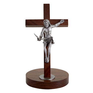 8 inch walnut wood Catholic table crucifix with pewter corpus holding dove representing Gifts of the Holy Spirit
