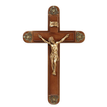 15 inch traditional maple wood crucifix sick call set with cherry stain finish standing base and wall mount capability