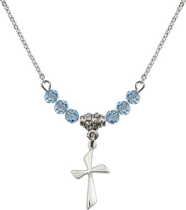 Cross Birthstone Necklace | 3/4 inch | 4mm Beads _x0014_ Aqua Sterling Silver
