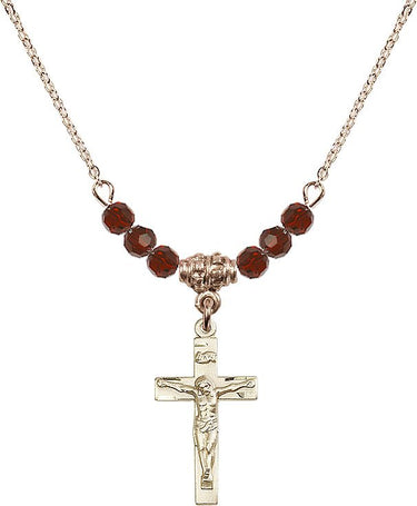 Crucifix Birthstone Necklace | 7/8 inch | 4mm Beads _x0014_ Garnet 14kt Gold Filled