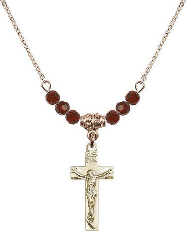 Crucifix Birthstone Necklace | 7/8 inch | 4mm Beads _x0014_ Garnet 14kt Gold Filled