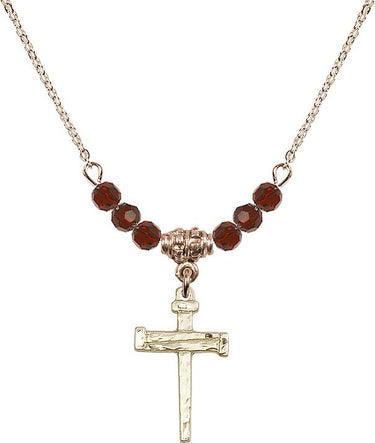 Nail Cross Birthstone Necklace | 3/4 inch | 4mm Beads _x0014_ Garnet 14kt Gold Filled