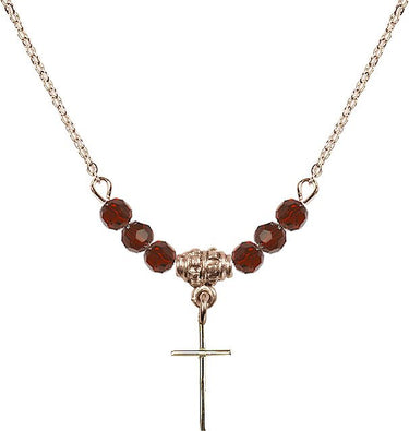 Cross Birthstone Necklace | 1/2 inch | 4mm Beads _x0014_ Garnet 14kt Gold Filled