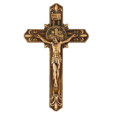 12 inch large resin St. Benedict wall crucifix with detailed medal imagery and antiqued finish by Autom