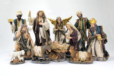 13 inch hand-painted Catholic nativity set with 11 pieces including Holy Family, Three Kings, shepherds and animals