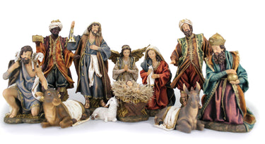 Hand-Painted 13 Inch Catholic Nativity Set with 11 Pieces Including Holy Family Three Wise Men and Shepherds