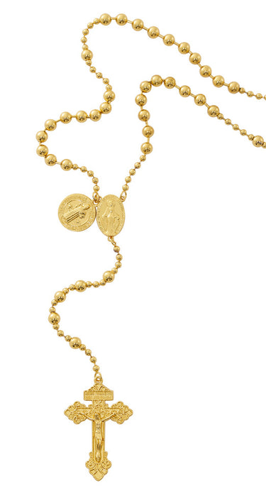 Gold-plated St. Benedict rosary with antique finish beads and St. Benedict centerpiece medal, 20.5 inches in length, shown with plastic gift box