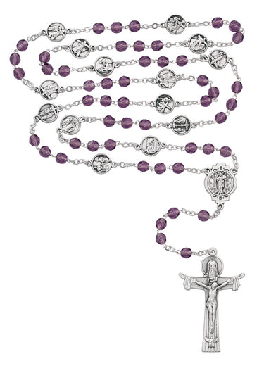 6mm purple glass bead rosary with silver oxidized Stations of the Cross medals made in Italy