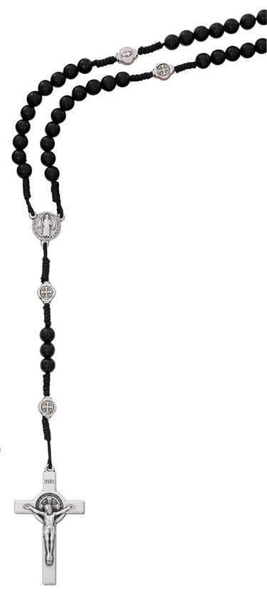 Black wood St. Benedict cord rosary with silver oxidized crucifix and St. Benedict center piece, made in Italy, shown in plastic gift box