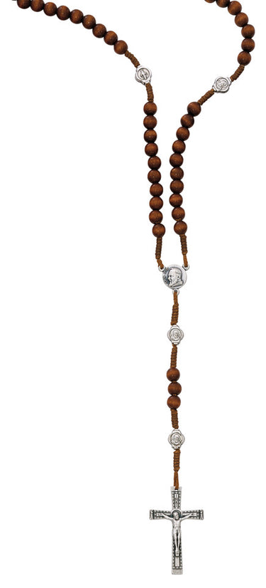 Brown wood cord Padre Pio rosary with silver oxidized crucifix and Padre Pio Our Father beads made in Italy
