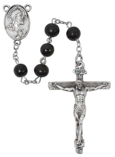 7mm black wood Sacred Heart rosary made in Italy with zinc crucifix and Sacred Heart center medal
