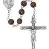 7mm brown wood Sacred Heart Rosary made in Italy with zinc crucifix and center piece, 15 inches long