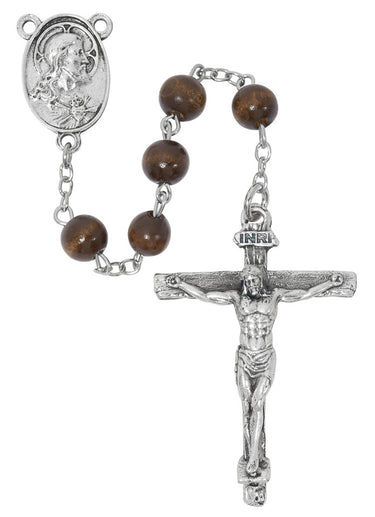 7mm brown wood Sacred Heart Rosary made in Italy with zinc crucifix and center piece, 15 inches long