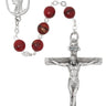 7mm red marbeline rosary made in Italy with zinc crucifix and center piece, 15 inch length, shown in plastic gift box