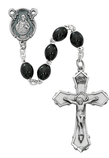 4x6mm black wood rosary with silver oxidized crucifix and center piece on retail display card, 25 inch length