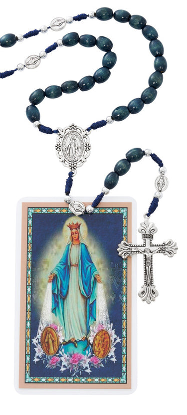 Large blue wood Miraculous Medal rosary with silver oxidized crucifix and center medal, 21 inches in length, shown with laminated holy card