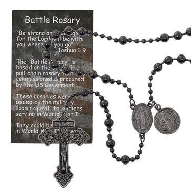 Gun metal St. Benedict Battle Rosary with black metal beads, St. Benedict center medal, and included hang bag
