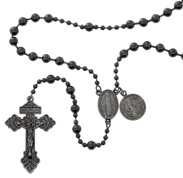 Gun metal black St. Benedict rosary with black metal plated beads and St. Benedict medal centerpiece on display card