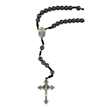 8mm hematite bead corded rosary with black cord and silver oxidized Miraculous Medal center and crucifix hang carded