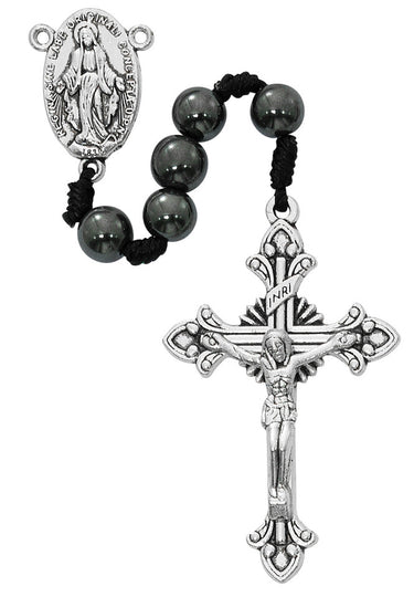 8mm hematite corded rosary with silver oxidized Miraculous Medal center and crucifix in gift box