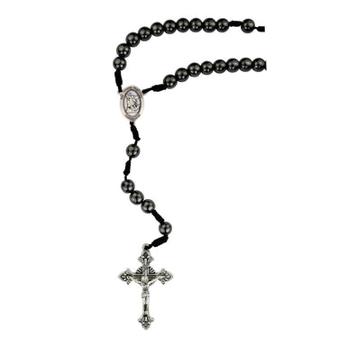 8mm hematite St. Michael corded rosary with silver oxidized centerpiece and crucifix on black cord