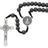 8mm hematite St. Benedict cord rosary with silver oxidized centerpiece and crucifix on black cord hang carded