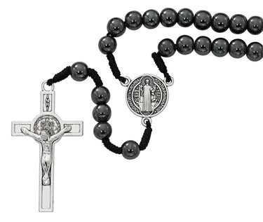 8mm hematite St. Benedict cord rosary with silver oxidized centerpiece and crucifix on black cord hang carded
