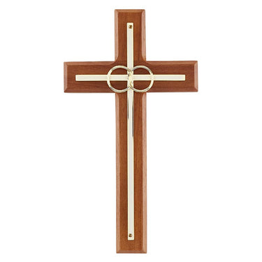 8 inch walnut wood wedding wall cross with gold-plated interlocking rings for Catholic marriage blessing