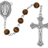 8mm light brown wood Miraculous Medal rosary with oxidized silver-tone crucifix and center piece displayed on white background