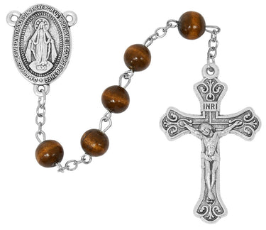 8mm light brown wood Miraculous Medal rosary with oxidized silver-tone crucifix and center piece displayed on white background