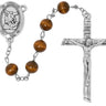 8mm light brown wood St. Michael the Archangel rosary with carded backing showing full bead strand and crucifix