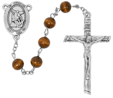 8mm light brown wood St. Michael the Archangel rosary with carded backing showing full bead strand and crucifix