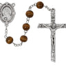 8mm light brown wood Sacred Heart rosary with silver oxidized crucifix and Sacred Heart center medal in gift box