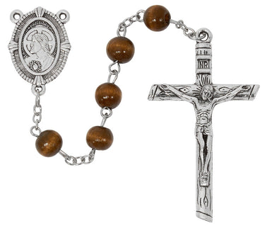 8mm light brown wood Sacred Heart rosary with silver oxidized crucifix and Sacred Heart center medal in gift box