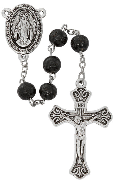 8mm black carved wood Miraculous Medal rosary with silver oxidized crucifix and center, shown in gift box