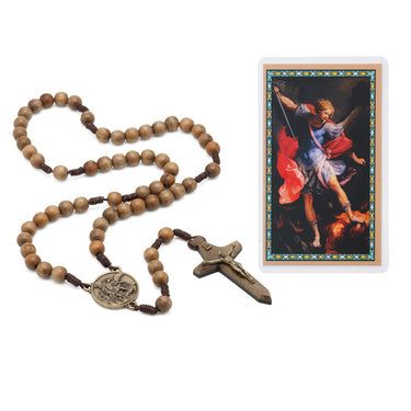 10mm wood bead St. Michael Sword Rosary with sword-motif crucifix and laminated holy card in gift box