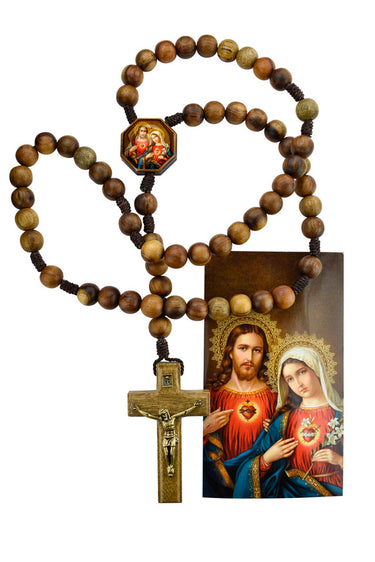 10mm walnut wood Immaculate Heart and Sacred Heart rosary with laminated holy card in gift box, 18.5 inch length