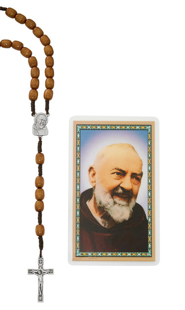 10mm wood bead St. Pio rosary made in Italy with laminated holy card in gift box
