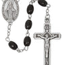 Black wood bead rosary with silver oxidized crucifix and center medal on retail display card