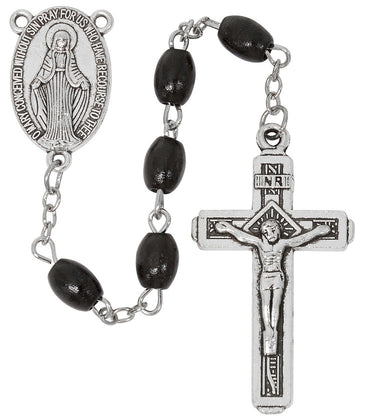 Black wood bead rosary with silver oxidized crucifix and center medal on retail display card
