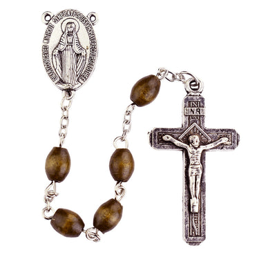 Brown wood oval bead rosary with oxidized silver-tone crucifix and center medal, full five decades