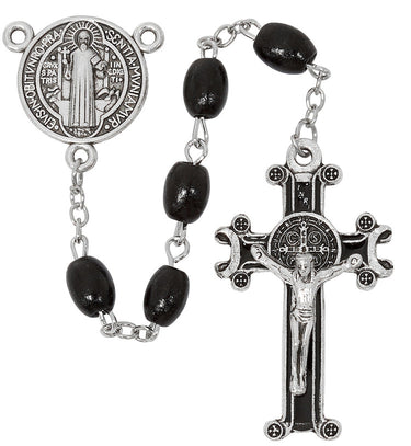 Black wood bead St. Benedict rosary with silver oxidized crucifix and center piece on white background