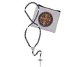 6mm hematite corded St. Benedict rosary with silver oxidized crucifix and St. Benedict center medal in a rosary pouch