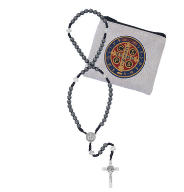 6mm hematite corded St. Benedict rosary with silver oxidized crucifix and St. Benedict center medal in a rosary pouch