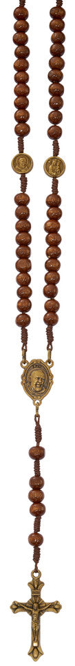 Brown wood and bronze St. Pio rosary made in Italy with bronze crucifix and Padre Pio centerpiece bead in gift box