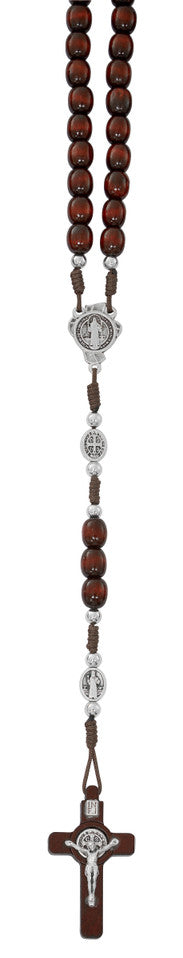 Mahogany wood St. Benedict rosary made in Italy with St. Benedict medal crucifix and warm brown natural wood beads on hang card