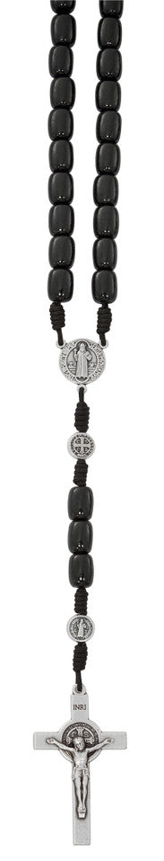 Large black wood St. Benedict five-decade rosary made in Italy displayed on hang card