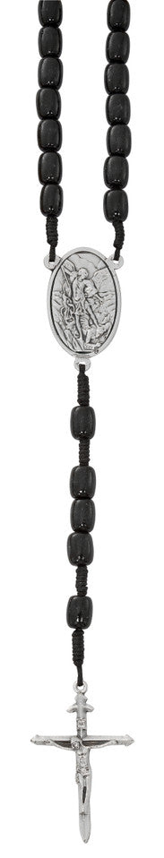 Large black wood St. Michael rosary with capped Our Father beads made in Italy displayed on hang card