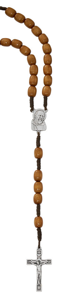 Large brown wood St. Pio rosary with capped Our Father beads and Italian craftsmanship displayed on hang card