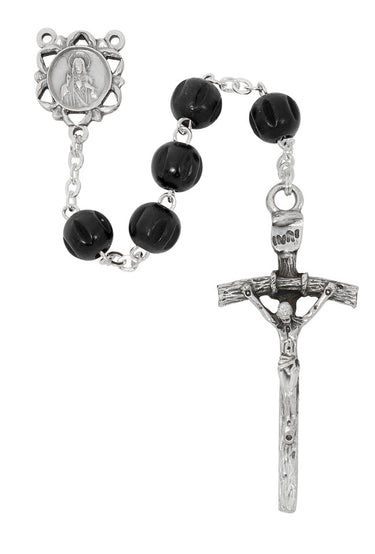 7mm black wood rosary with zinc crucifix and center piece made in Italy, shown full length on white background